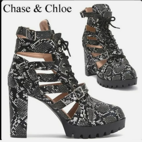 CHASE+CHLOÉ Snakeskin Heeled Combat Platform Shoes New In Box - Picture 2 of 7